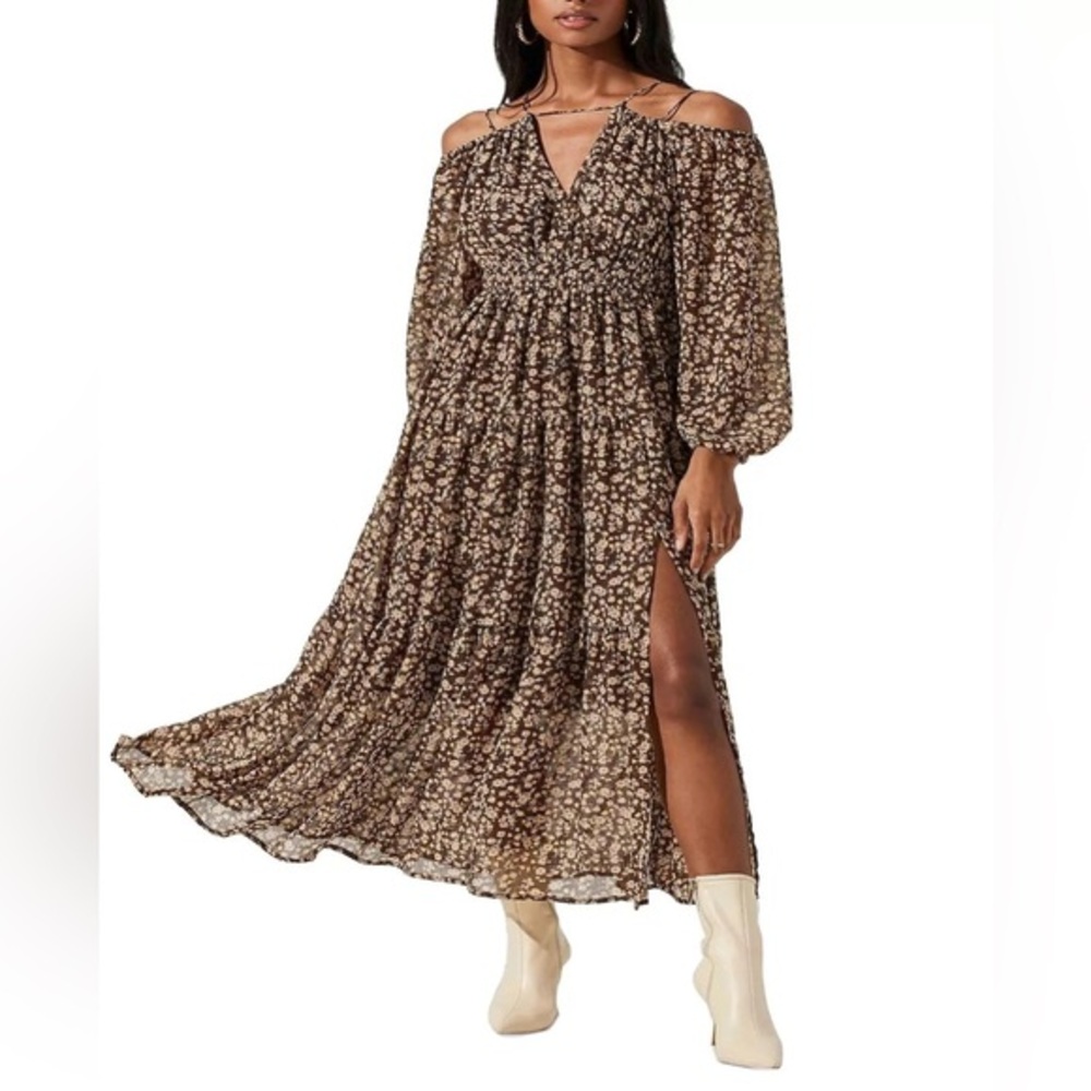 Floral Off-Shoulder Brown Maxi Dress with Side Slit